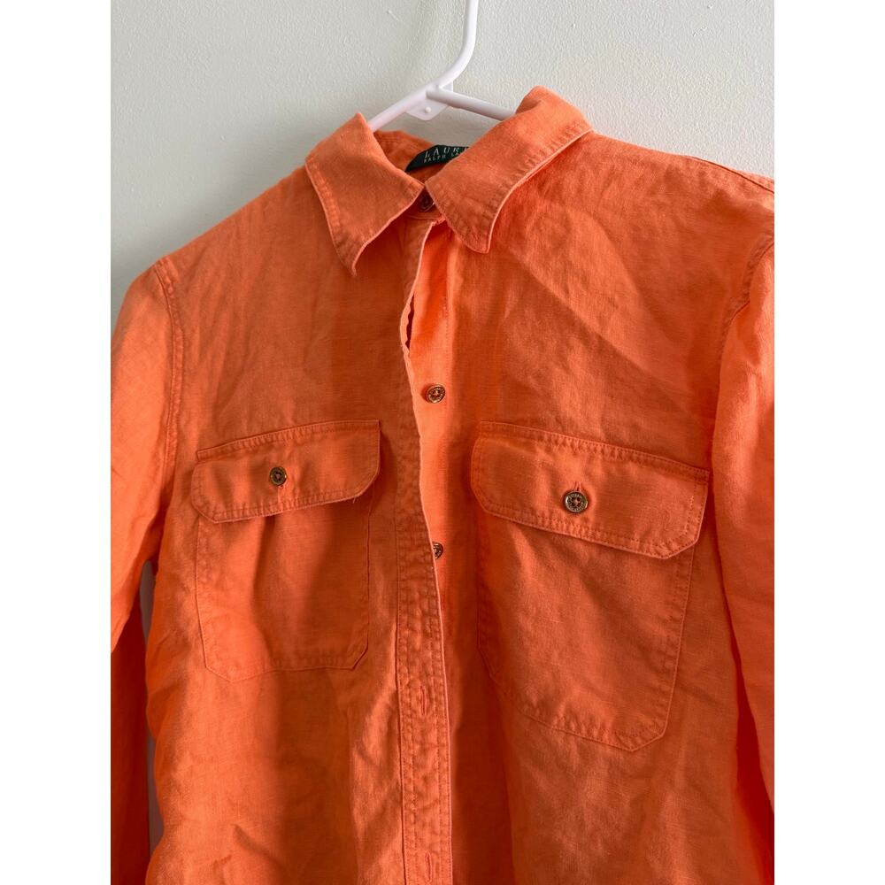 Lauren Ralph Lauren | Vibrant Orange Linen Women’s Long Sleeve Button Down Sz S - Picture 4 of 11